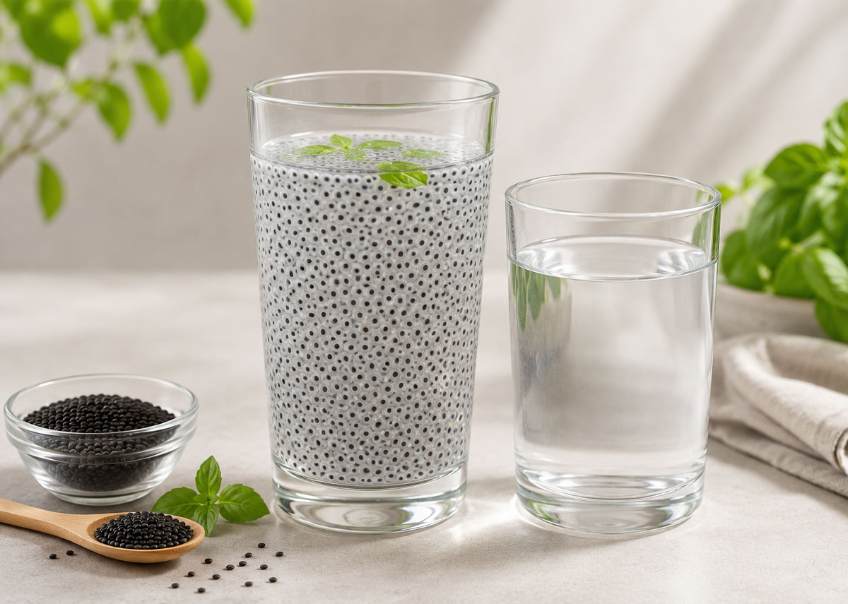 تخم ریحان خیسانده‌شده همراه آب کافی